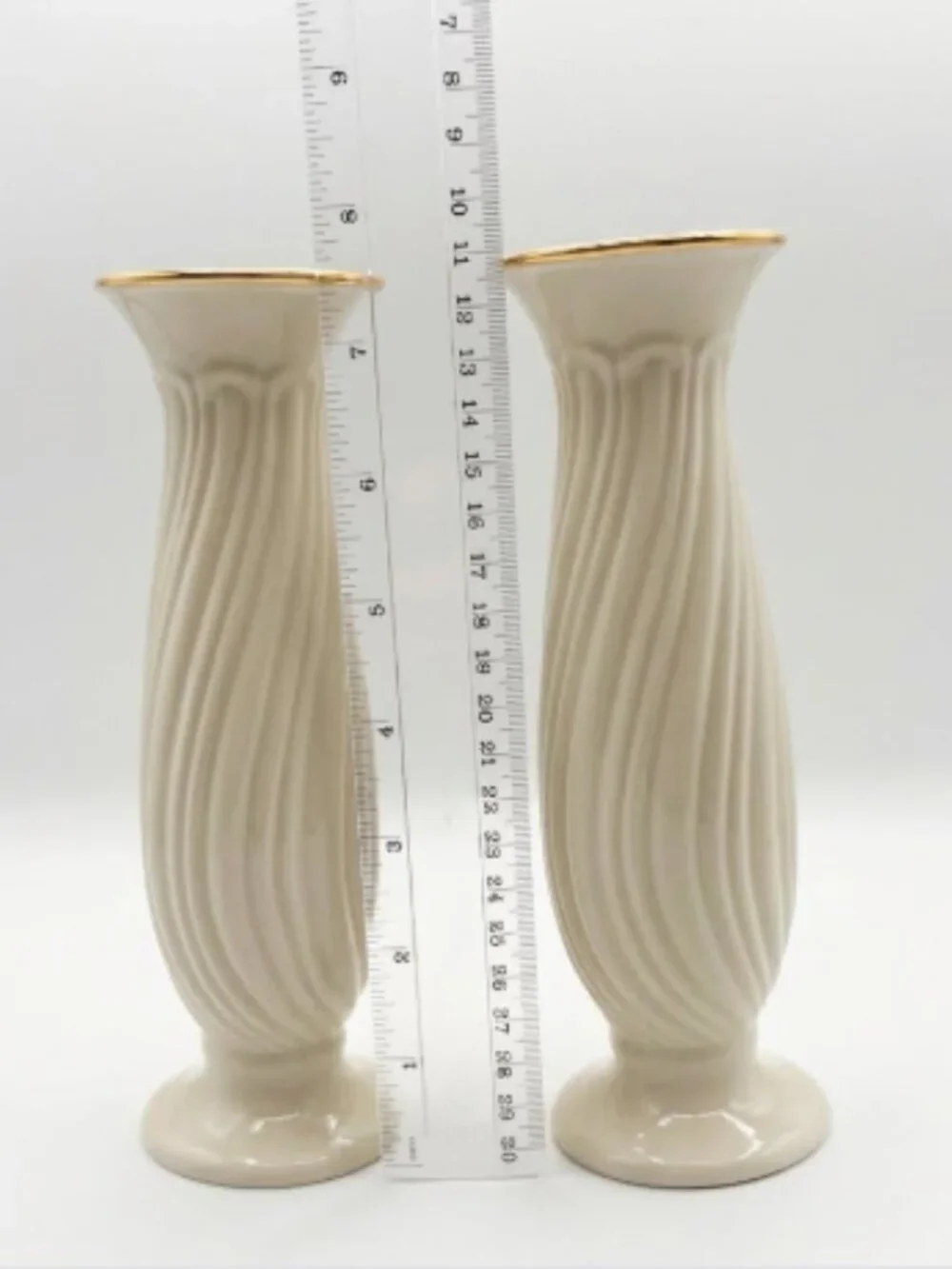 LENOX HOUSEWARMING IVORY CHINA GOLD BAND PAIR OF CANDLESTICKS